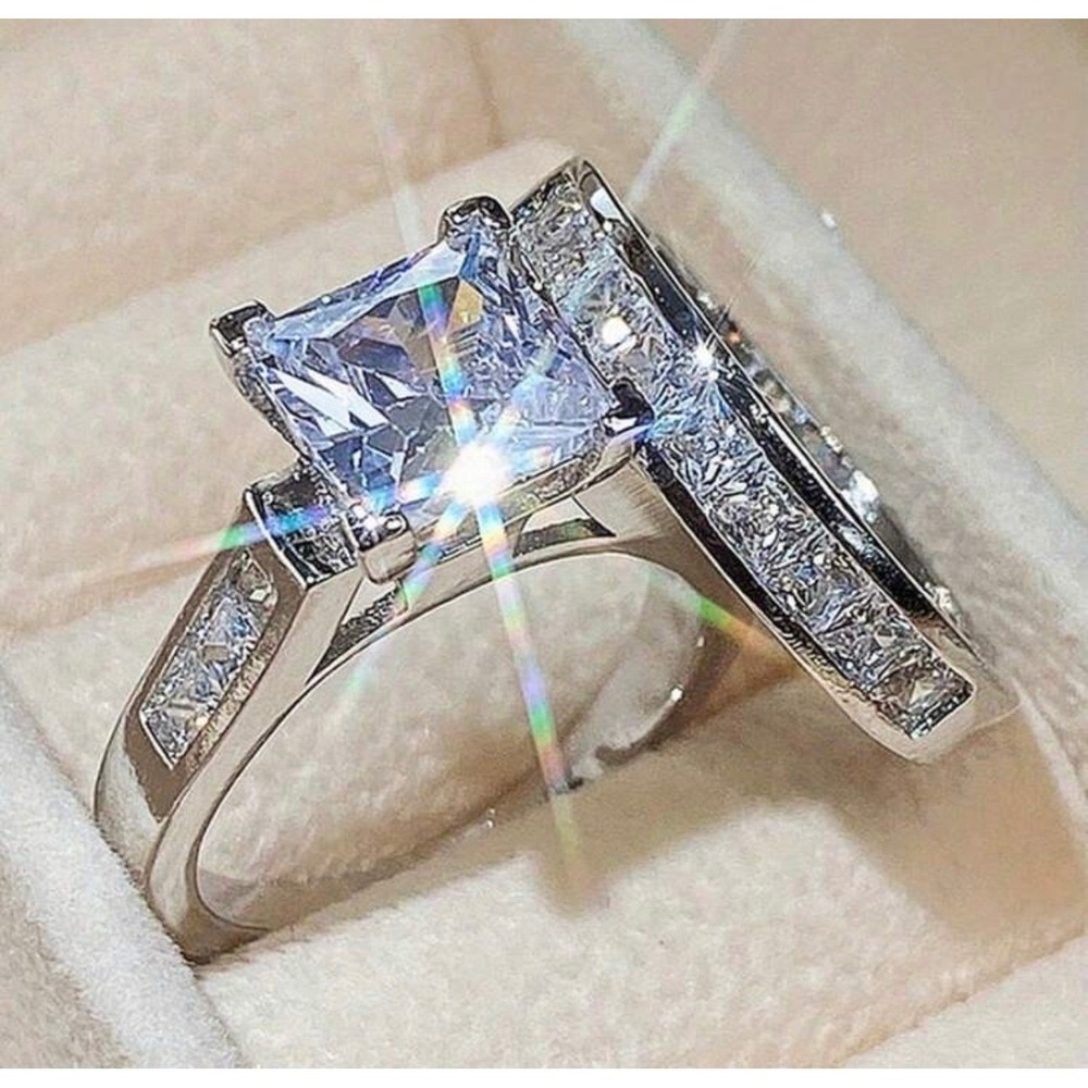 Princess Cut Bridal Ring Set Silver Tone Engagement Wedding Band Size 8